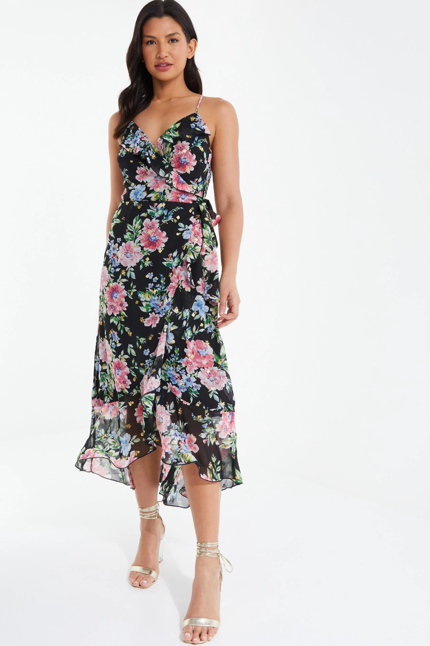 Black Floral Chiffon Wrap Midi Dress 2 Black Floral Chiffon Wrap Midi Dress - Image 2