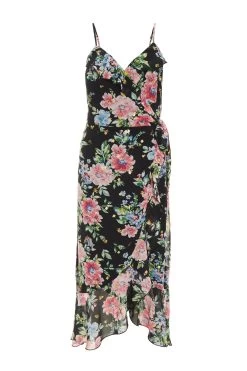 Black Floral Chiffon Wrap Midi Dress