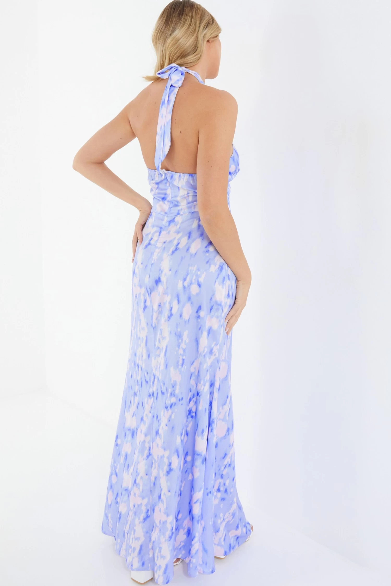 Blue Marble Print Halter Neck Maxi Dress 3 Blue Marble Print Halter Neck Maxi Dress - Image 3