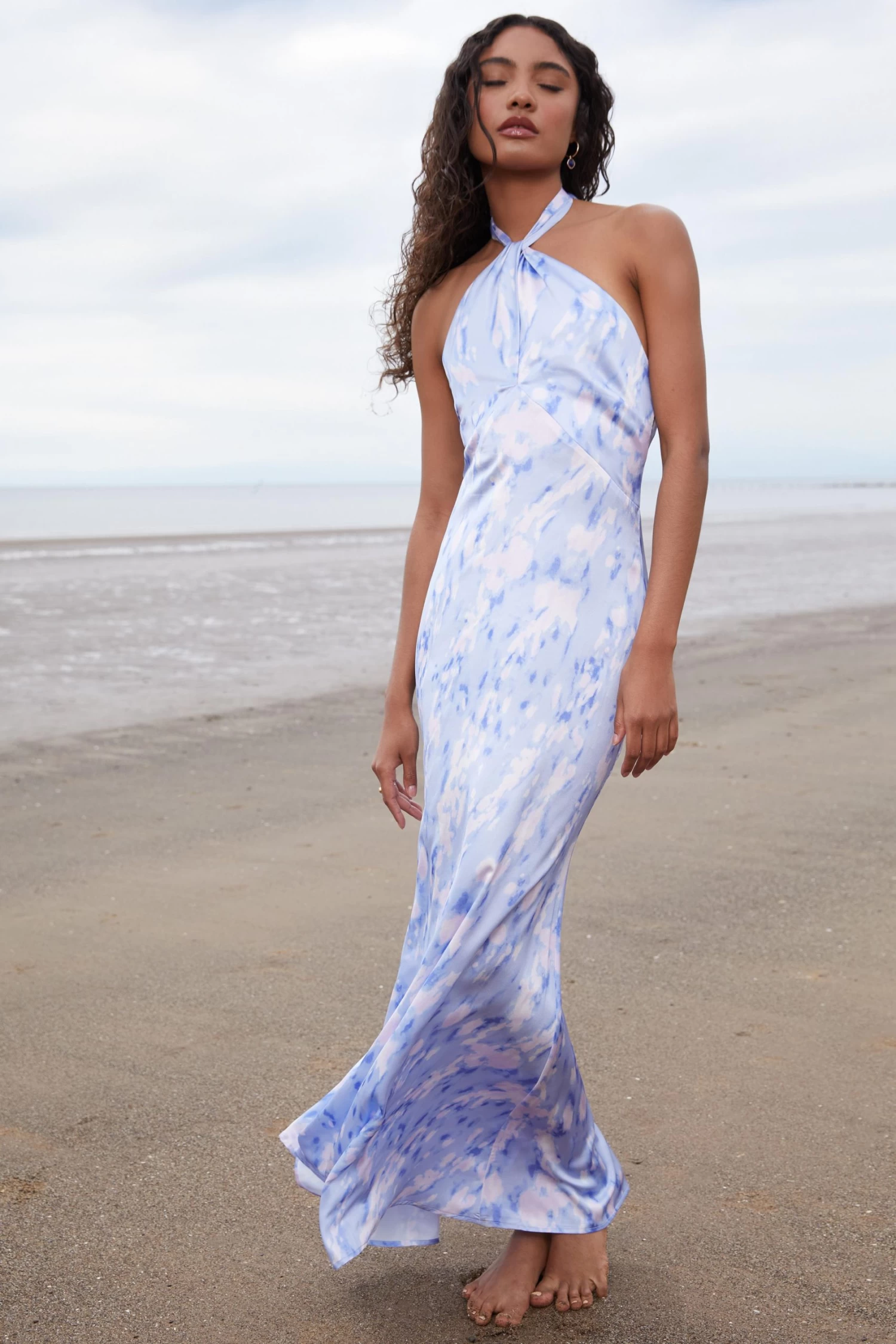 Blue Marble Print Halter Neck Maxi Dress 2 Blue Marble Print Halter Neck Maxi Dress - Image 2
