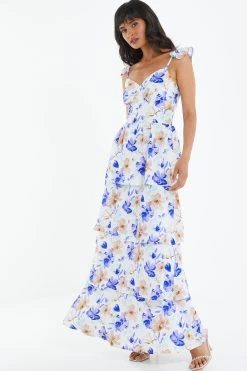 White Floral Tiered Maxi Dress -Women Clothing Sale 00100038783 XS