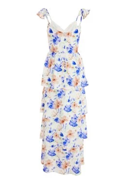 White Floral Tiered Maxi Dress -Women Clothing Sale 00100038783 ZB