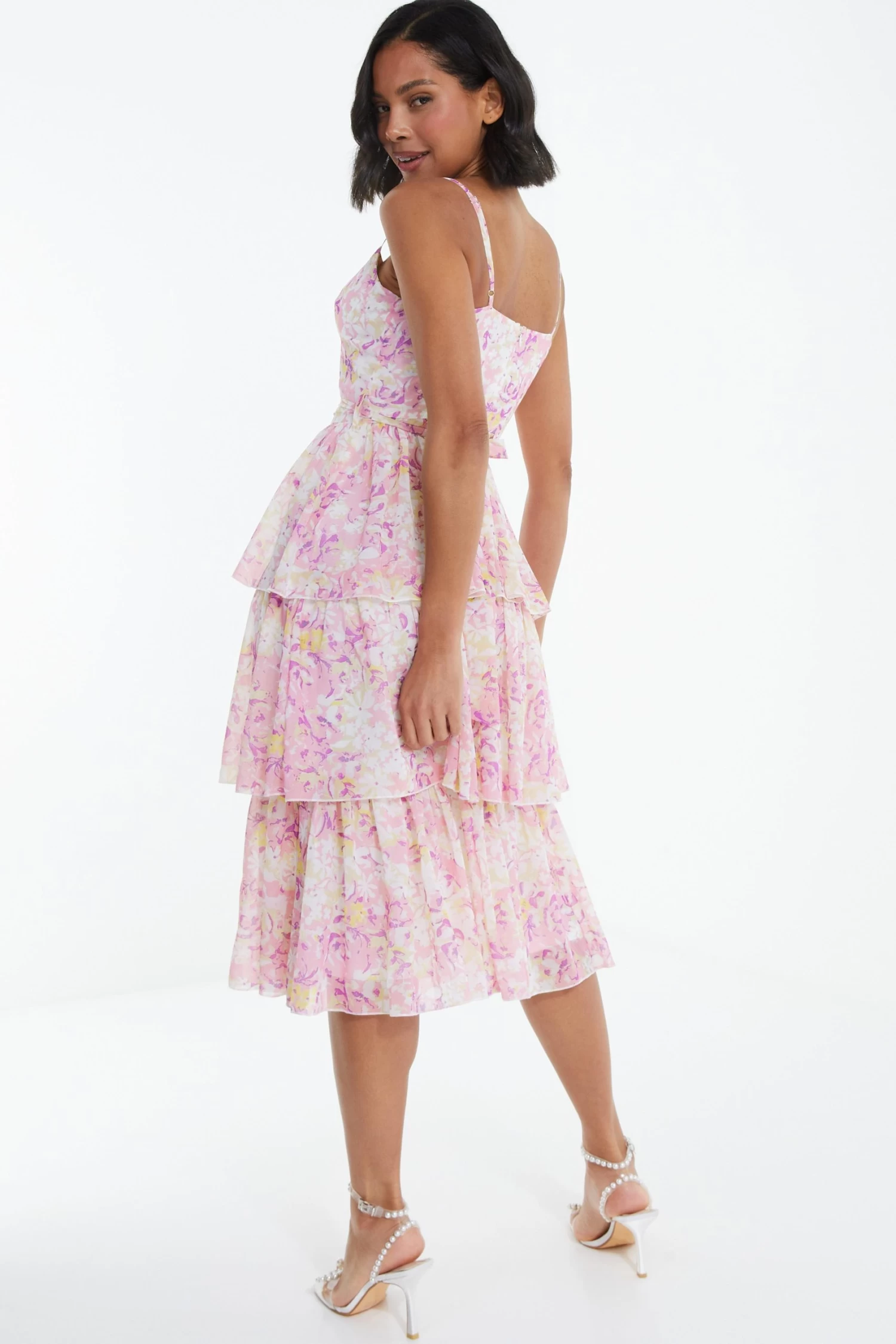 Pink Floral Tiered Midi Dress 3 Pink Floral Tiered Midi Dress - Image 3