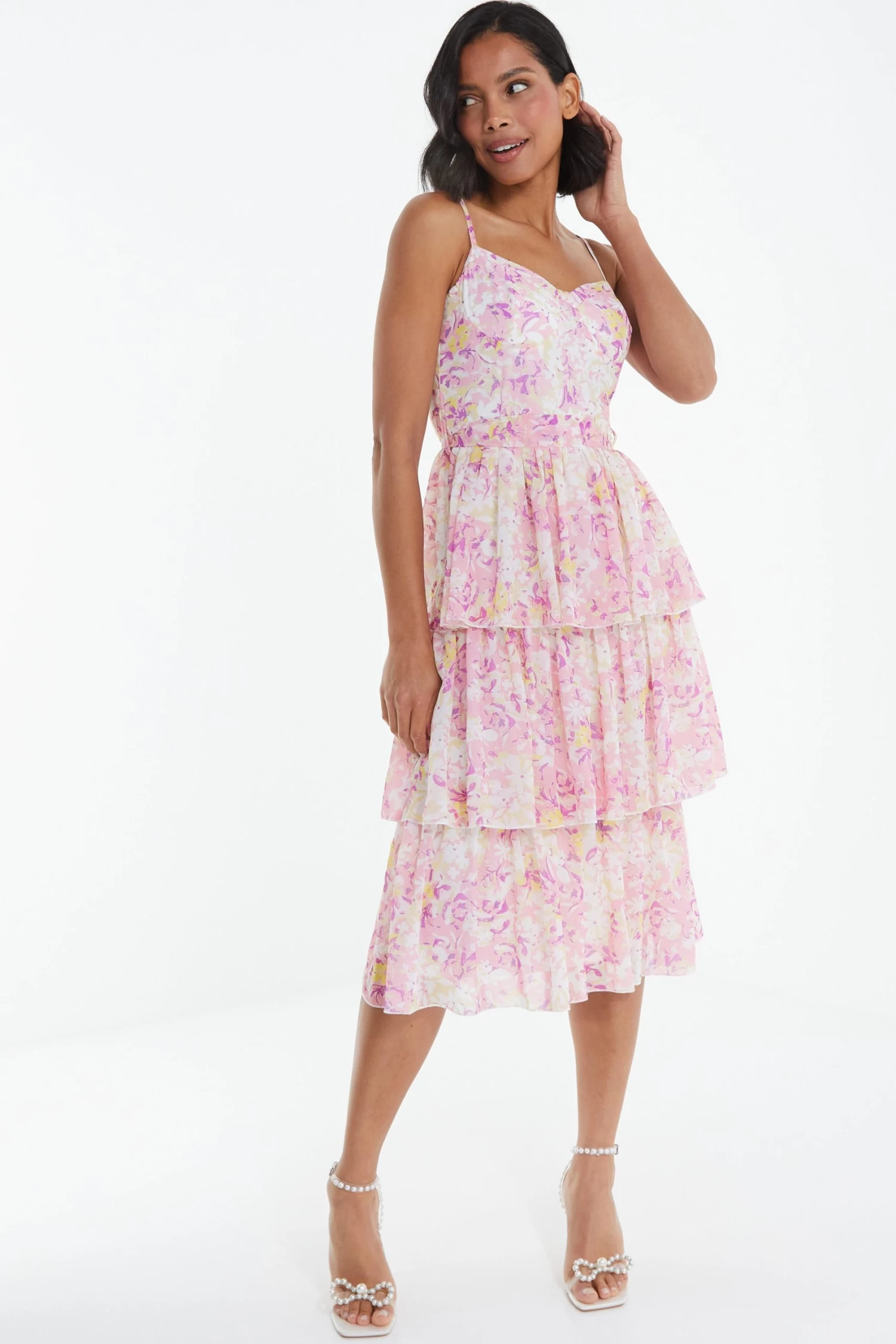 Pink Floral Tiered Midi Dress 2 Pink Floral Tiered Midi Dress - Image 2