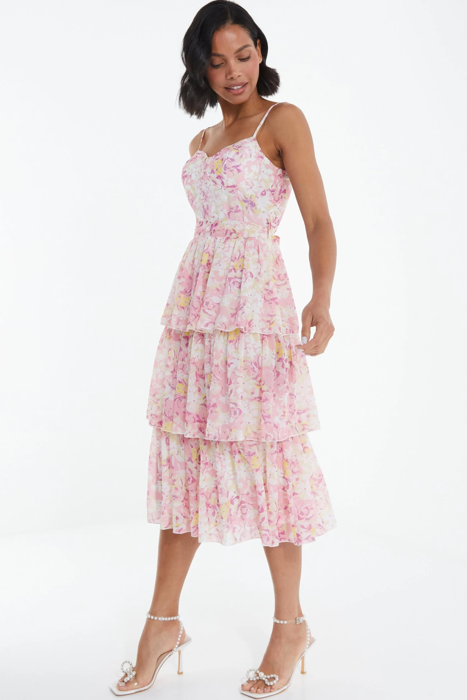 Pink Floral Tiered Midi Dress 4 Pink Floral Tiered Midi Dress - Image 4