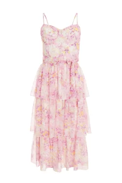 Pink Floral Tiered Midi Dress