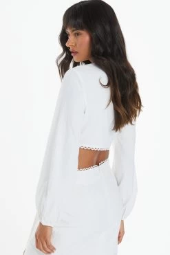 White Textured Tie Front Crop Top 8 White Textured Tie Front Crop Top -Women Clothing Sale 00100038875 XB