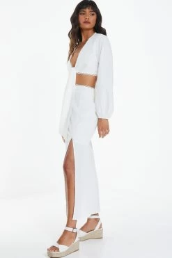 White Textured Tie Front Crop Top 9 White Textured Tie Front Crop Top -Women Clothing Sale 00100038875 XS