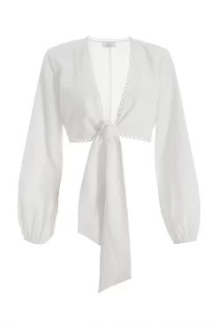 White Textured Tie Front Crop Top