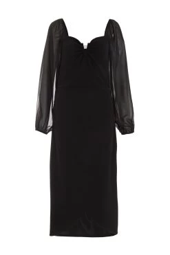 Black Ruched Mesh Midi Dress