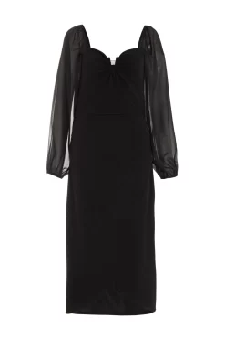 Black Ruched Mesh Midi Dress