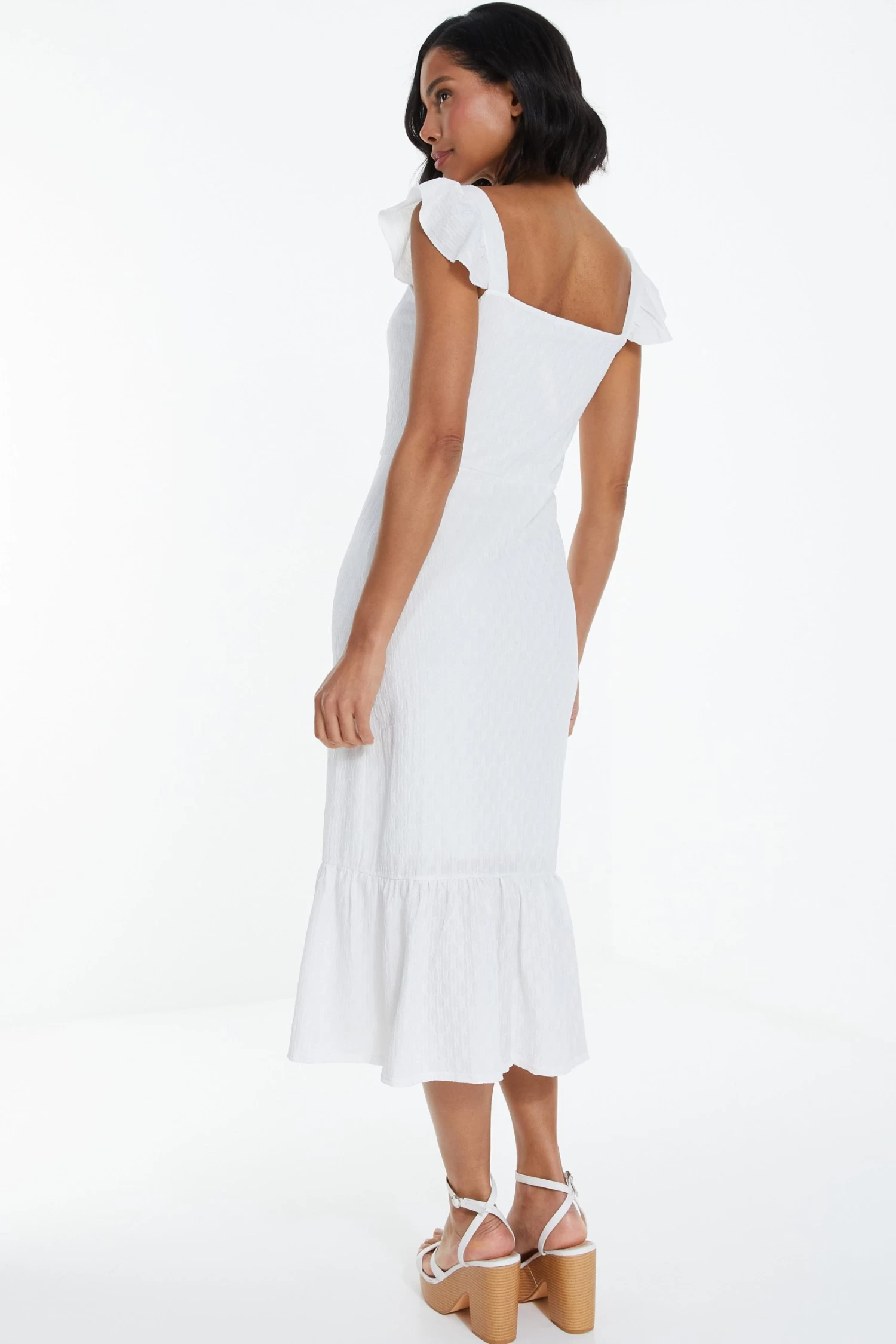 White Textured Frill Midi Dress 3 White Textured Frill Midi Dress - Image 3