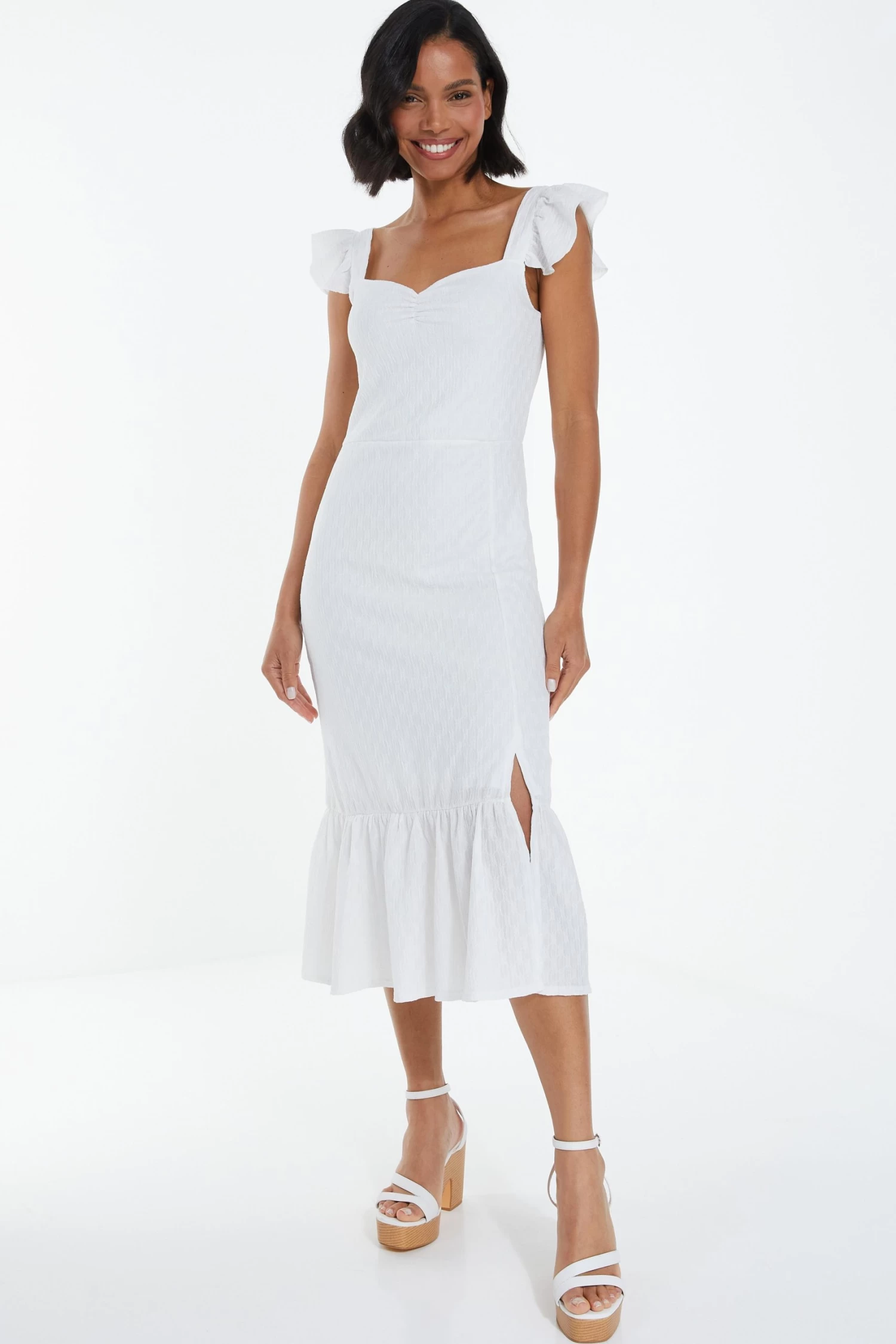 White Textured Frill Midi Dress 2 White Textured Frill Midi Dress - Image 2