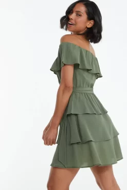 Khaki Tiered Bardot Mini Dress 8 Khaki Tiered Bardot Mini Dress -Women Clothing Sale 00100038962 XB scaled
