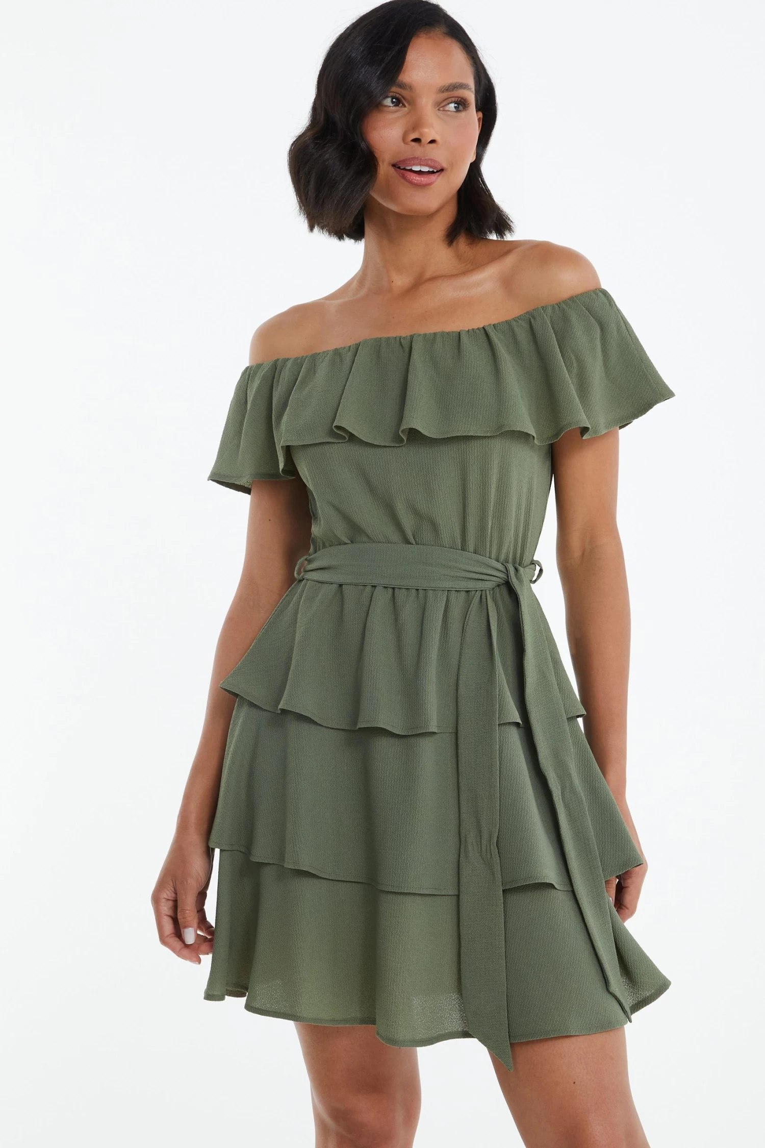 Khaki Tiered Bardot Mini Dress 2 Khaki Tiered Bardot Mini Dress - Image 2