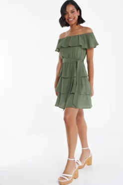 Khaki Tiered Bardot Mini Dress 9 Khaki Tiered Bardot Mini Dress -Women Clothing Sale 00100038962 XS scaled