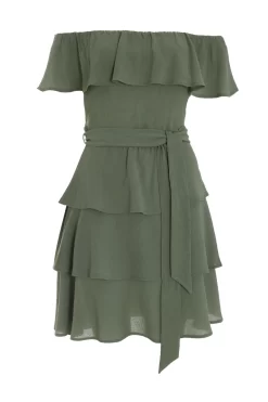 Khaki Tiered Bardot Mini Dress