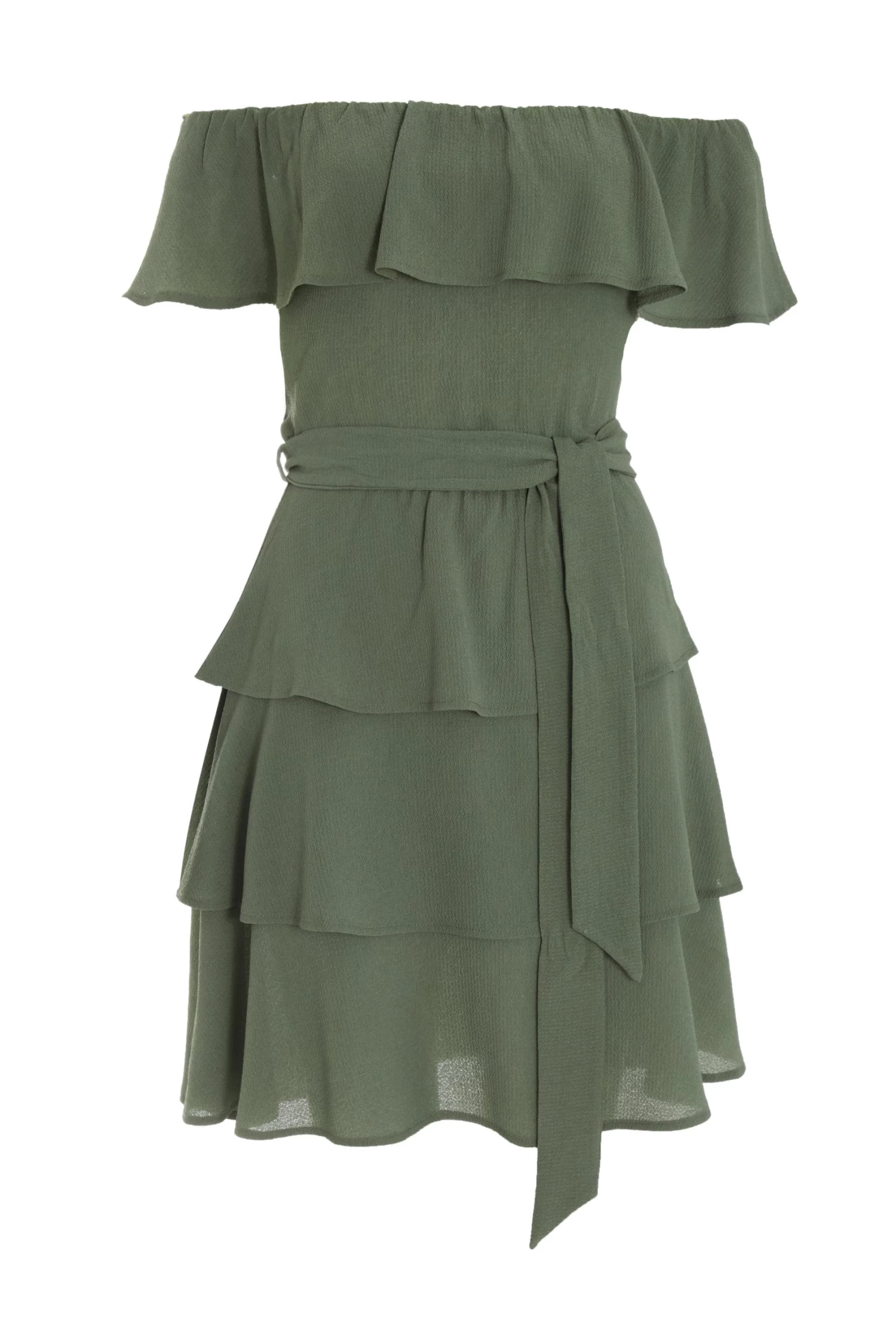 Khaki Tiered Bardot Mini Dress 1 Khaki Tiered Bardot Mini Dress
