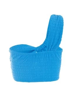 Blue Textured Asymmetric Crop Top -Women Clothing Sale 00100038983 ZB