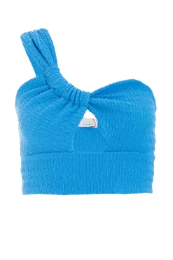 Blue Textured Asymmetric Crop Top