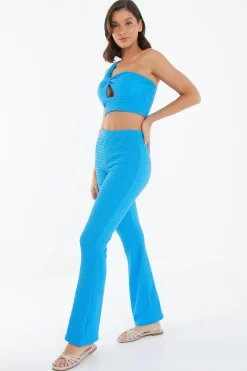 Blue Textured High Waisted Trousers -Women Clothing Sale 00100038984 XS scaled