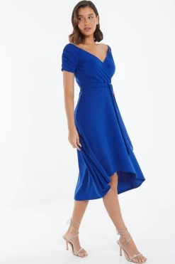 Royal Blue Bardot Dip Hem Midi Dress 9 Royal Blue Bardot Dip Hem Midi Dress -Women Clothing Sale 00100038995 XS