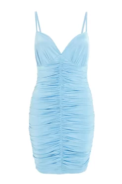 Blue Ruched Bodycon Mini Dress
