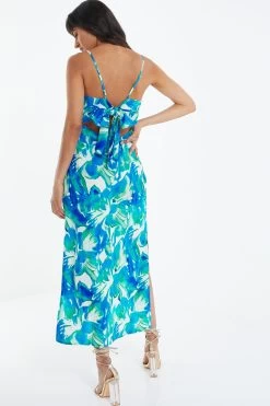 Blue Tropical Print Satin Midaxi Dress -Women Clothing Sale 00100039060 XB