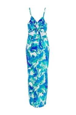 Blue Tropical Print Satin Midaxi Dress -Women Clothing Sale 00100039060 ZB scaled