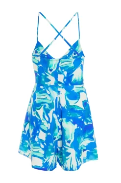 Blue Tropical Print Playsuit -Women Clothing Sale 00100039061 ZB scaled