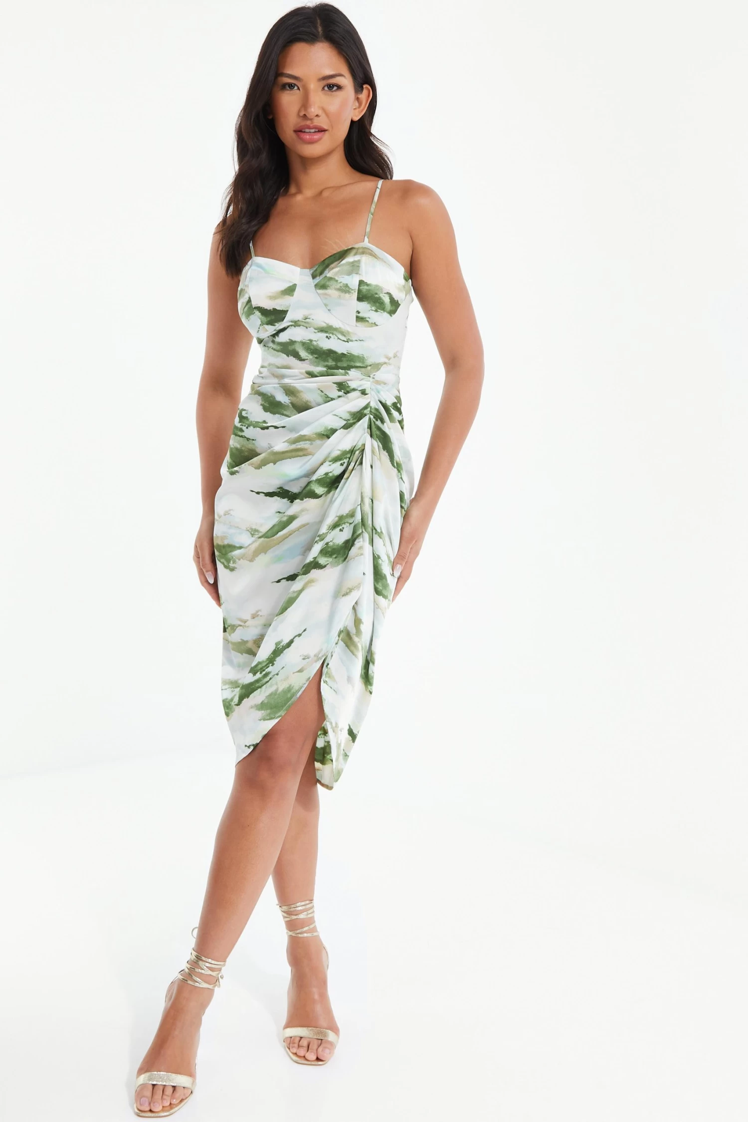 Green Marble Print Satin Ruched Midi Dress 2 Green Marble Print Satin Ruched Midi Dress - Image 2