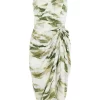 Green Marble Print Satin Ruched Midi Dress