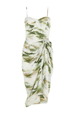 Green Marble Print Satin Ruched Midi Dress