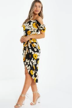 Black Floral Cold Shoulder Midi Dress 9 Black Floral Cold Shoulder Midi Dress -Women Clothing Sale 00100039068 XS