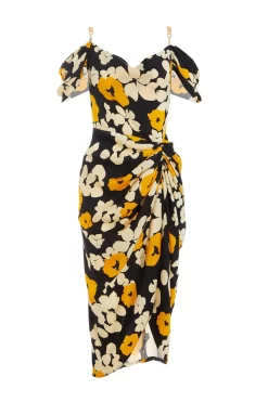 Black Floral Cold Shoulder Midi Dress