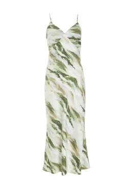 Petite Green Marble Print Satin Midaxi Dress