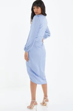 Blue Satin Ruched Midi Dress -Women Clothing Sale 00100039119 XB