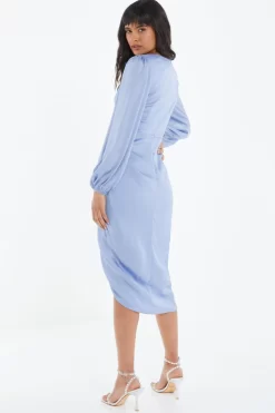 Blue Satin Ruched Midi Dress -Women Clothing Sale 00100039119 XB scaled