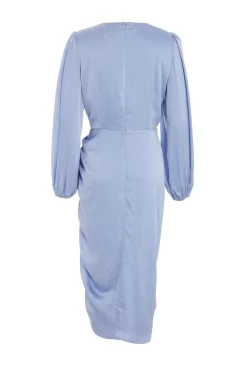 Blue Satin Ruched Midi Dress -Women Clothing Sale 00100039119 ZB