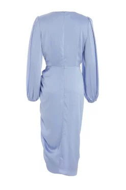 Blue Satin Ruched Midi Dress -Women Clothing Sale 00100039119 ZB scaled