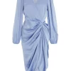 Blue Satin Ruched Midi Dress