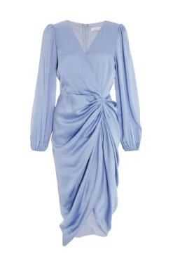 Blue Satin Ruched Midi Dress