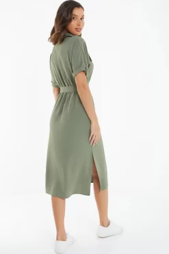 Khaki Shirt Midi Dress -Women Clothing Sale 00100039122 XB scaled