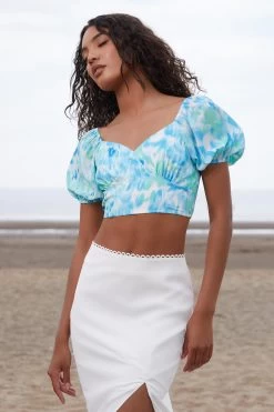 Blue Marble Print Crop Top -Women Clothing Sale 00100039148 XS