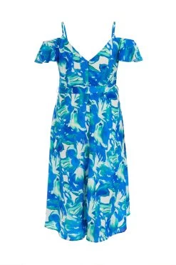 Curve Blue Tropical Print Midi Dress -Women Clothing Sale 00100039207 ZB