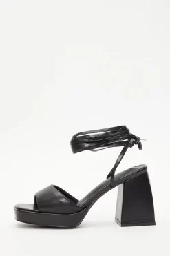 Black Lace Up Platform Heeled Sandal