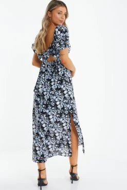 Black Floral Puff Sleeve Midi Dress 8 Black Floral Puff Sleeve Midi Dress -Women Clothing Sale 00100039342 XB