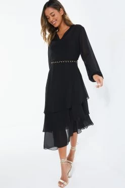 Black Long Sleeve Tiered Midi Dress -Women Clothing Sale 00100039359 XS