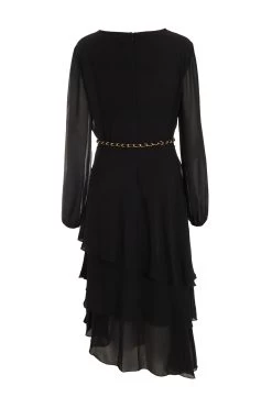 Black Long Sleeve Tiered Midi Dress -Women Clothing Sale 00100039359 ZB