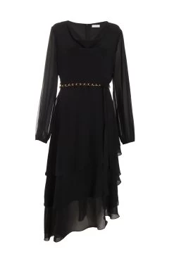 Black Long Sleeve Tiered Midi Dress
